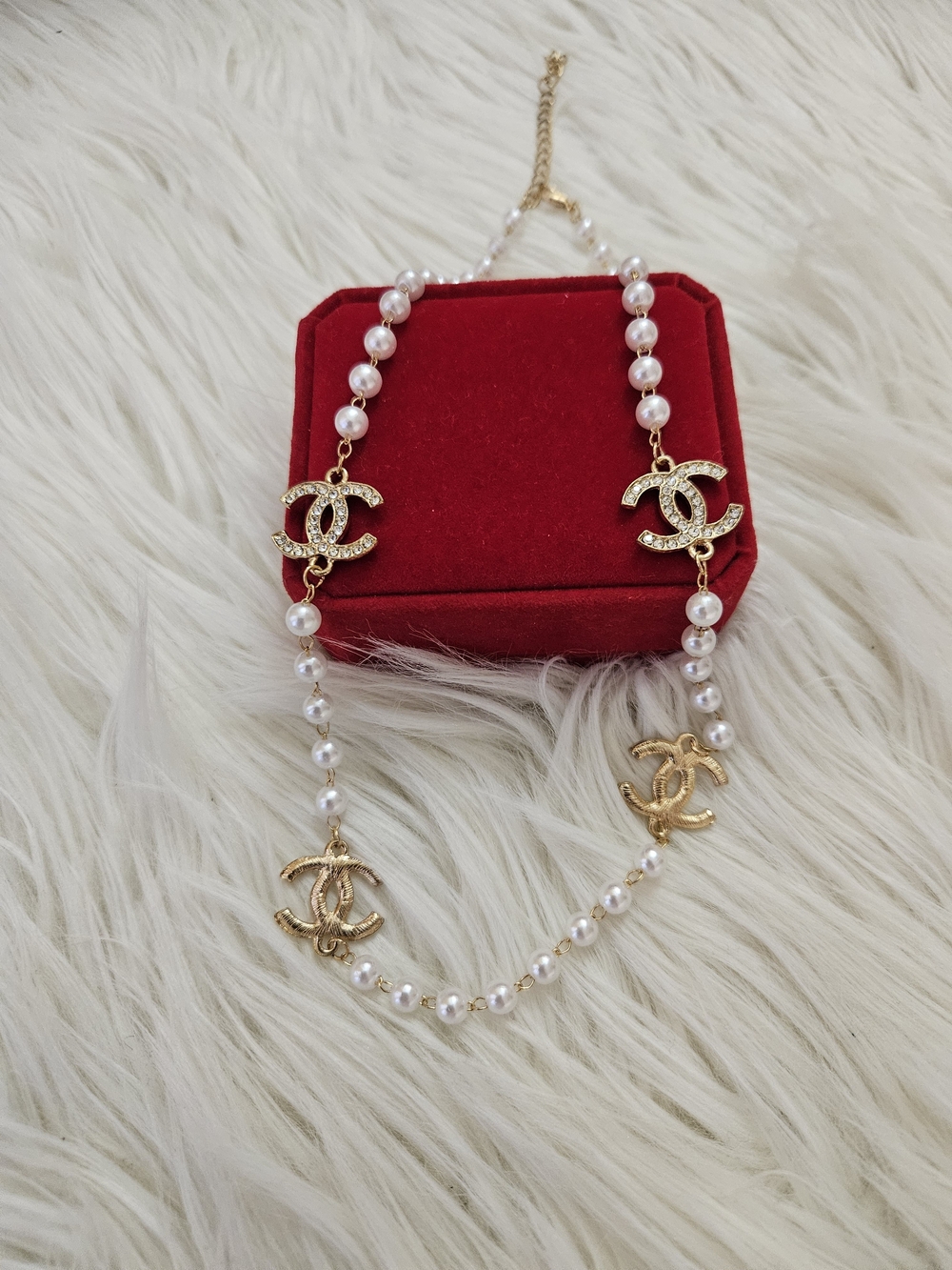 Gold Pearl Necklace with Interlocking Logo Accents - Classic Women Jewelry